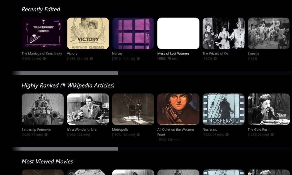 Interface de WikiFlix présentant des films classiques du domaine public