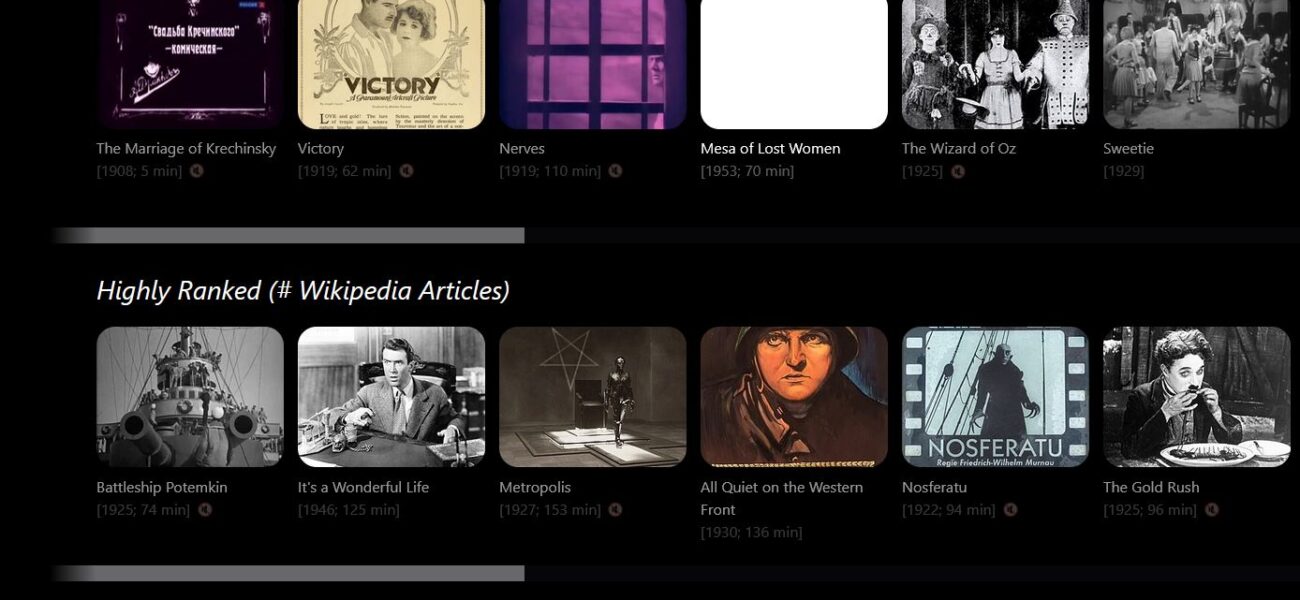 Interface de WikiFlix présentant des films classiques du domaine public
