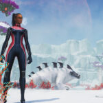 Personnage de Subnautica Below Zero explorant un biome glacé avec une créature arctique en arrière-plan