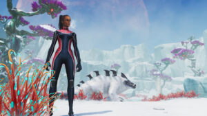 Personnage de Subnautica Below Zero explorant un biome glacé avec une créature arctique en arrière-plan