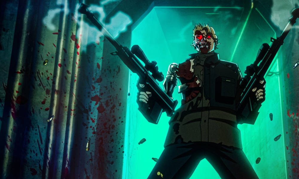 Terminator armé dans la série animée Terminator Zero sur Netflix, dans une scène sombre et futuriste.