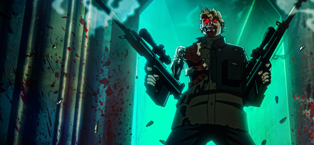Terminator armé dans la série animée Terminator Zero sur Netflix, dans une scène sombre et futuriste.