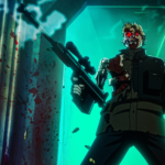 Terminator armé dans la série animée Terminator Zero sur Netflix, dans une scène sombre et futuriste.