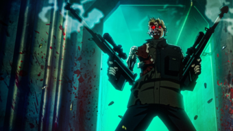 Terminator armé dans la série animée Terminator Zero sur Netflix, dans une scène sombre et futuriste.