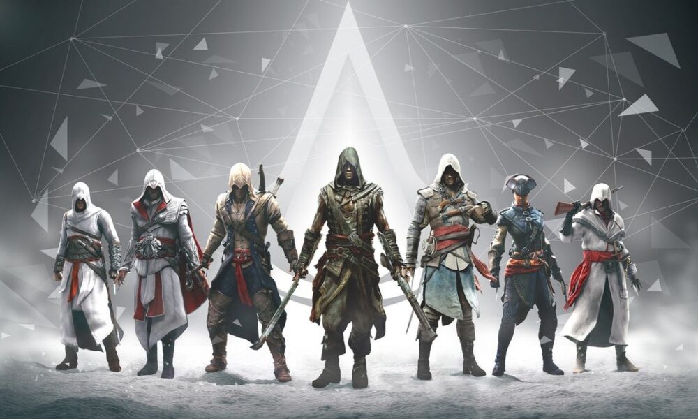 Personnages principaux de la saga Assassin’s Creed réunis avec le logo Ubisoft en arrière-plan
