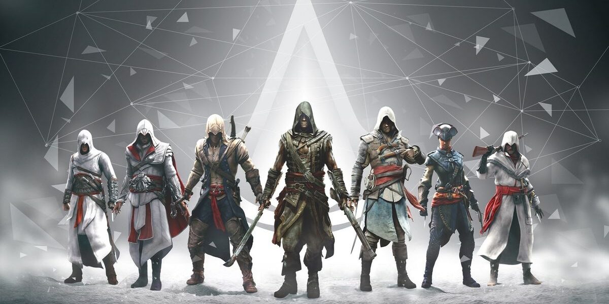Personnages principaux de la saga Assassin’s Creed réunis avec le logo Ubisoft en arrière-plan