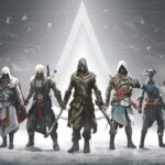 Personnages principaux de la saga Assassin’s Creed réunis avec le logo Ubisoft en arrière-plan