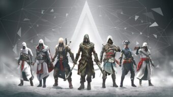 Personnages principaux de la saga Assassin’s Creed réunis avec le logo Ubisoft en arrière-plan