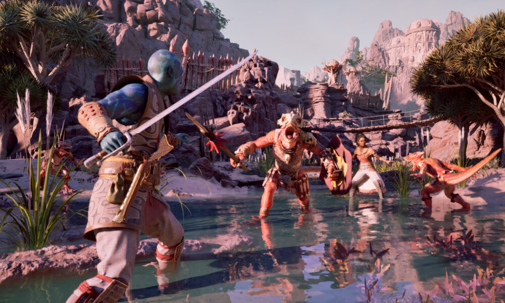 Combat en vue à la première personne dans Avowed sur PS5 avec magie et créatures fantastiques dans l’univers d’Eora