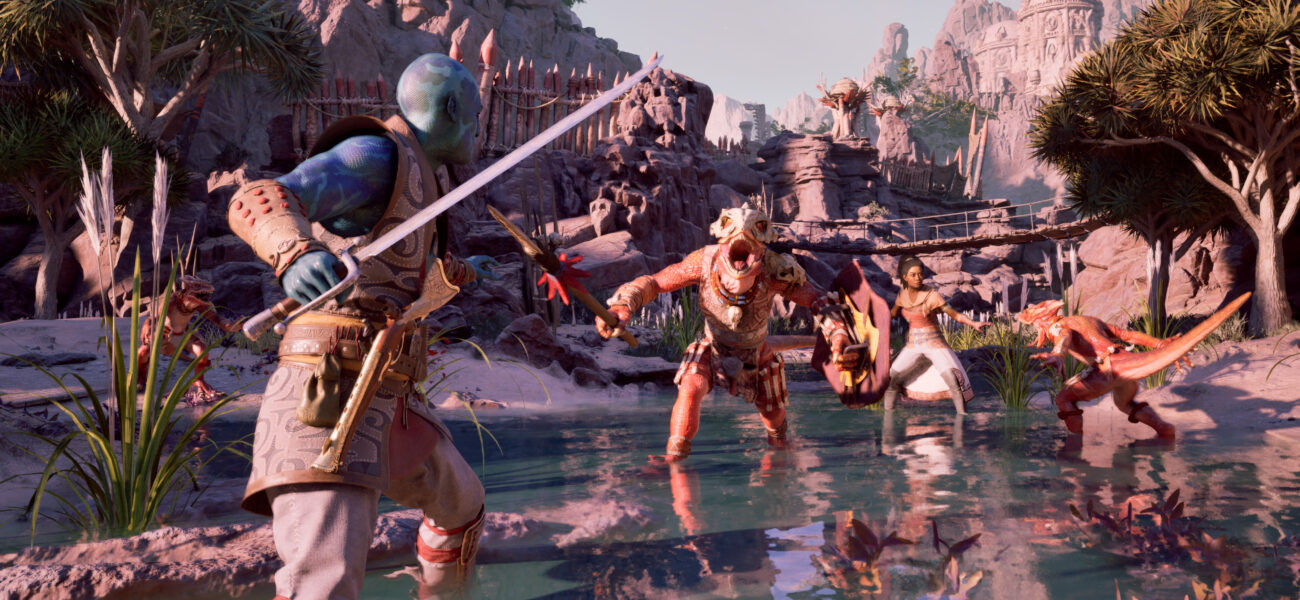 Combat en vue à la première personne dans Avowed sur PS5 avec magie et créatures fantastiques dans l’univers d’Eora