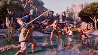 Combat en vue à la première personne dans Avowed sur PS5 avec magie et créatures fantastiques dans l’univers d’Eora