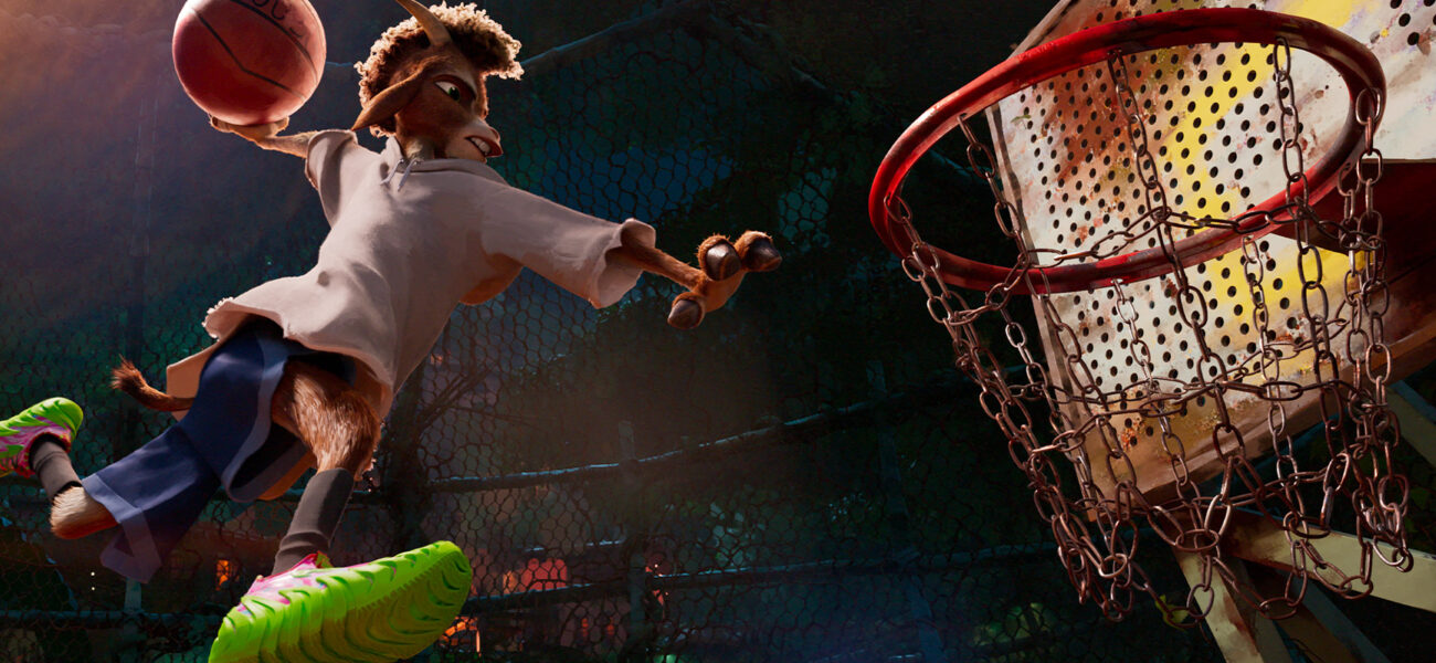 Jeune bouc basketteur réalisant un dunk dans le film d’animation GOAT. Rêver plus haut