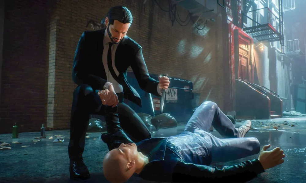 John Wick jeune dans le jeu vidéo officiel, scène de combat au couteau dans une ruelle sombre