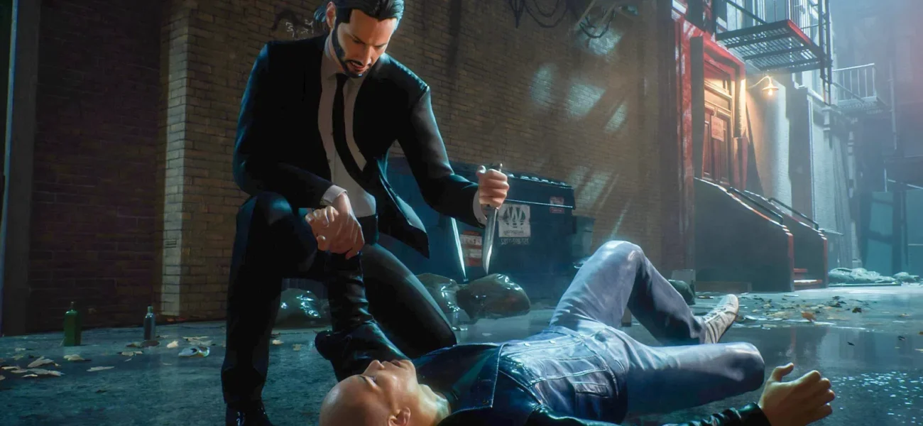 John Wick jeune dans le jeu vidéo officiel, scène de combat au couteau dans une ruelle sombre