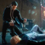 John Wick jeune dans le jeu vidéo officiel, scène de combat au couteau dans une ruelle sombre