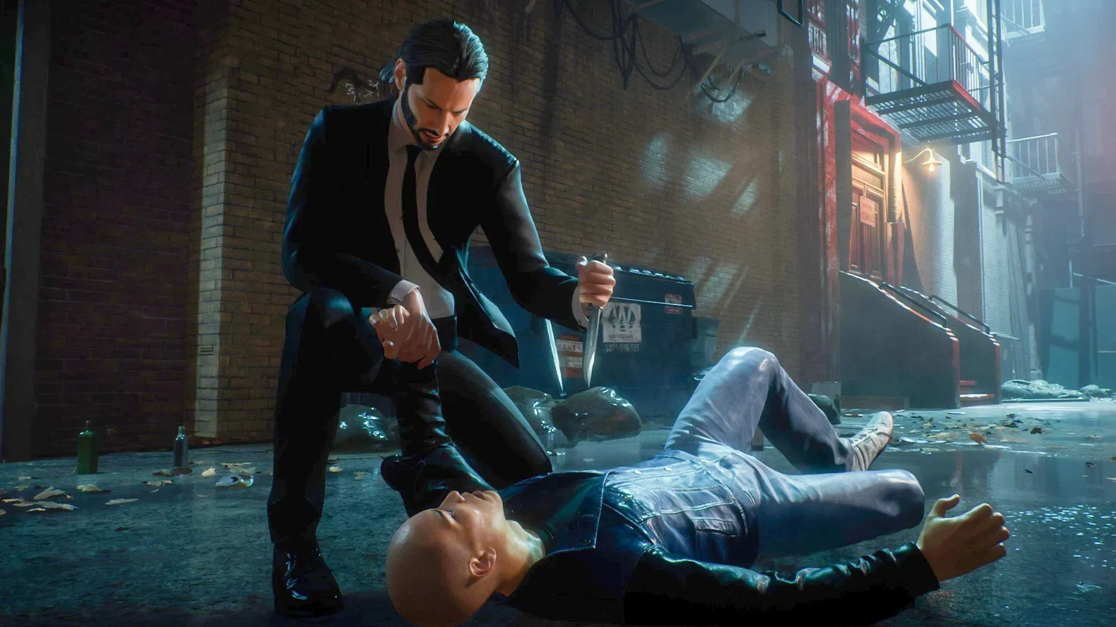 John Wick jeune dans le jeu vidéo officiel, scène de combat au couteau dans une ruelle sombre