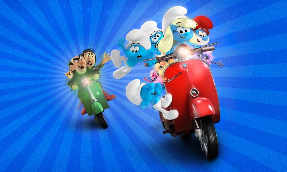 Les Schtroumpfs poursuivis par Gargamel dans une scène animée du film Les Schtroumpfs – Le film