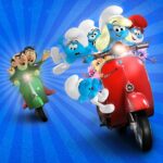 Les Schtroumpfs poursuivis par Gargamel dans une scène animée du film Les Schtroumpfs – Le film