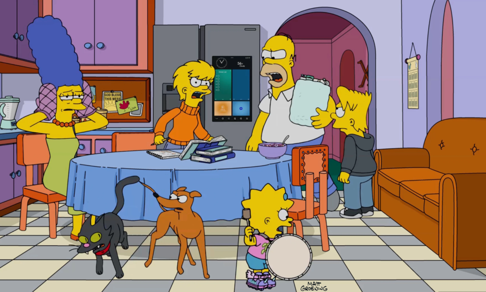 La famille Simpson dans la cuisine de Springfield dans un épisode récent de la série Les Simpson