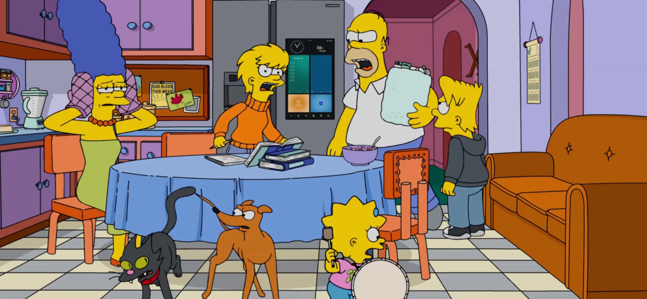 La famille Simpson dans la cuisine de Springfield dans un épisode récent de la série Les Simpson