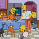 La famille Simpson dans la cuisine de Springfield dans un épisode récent de la série Les Simpson