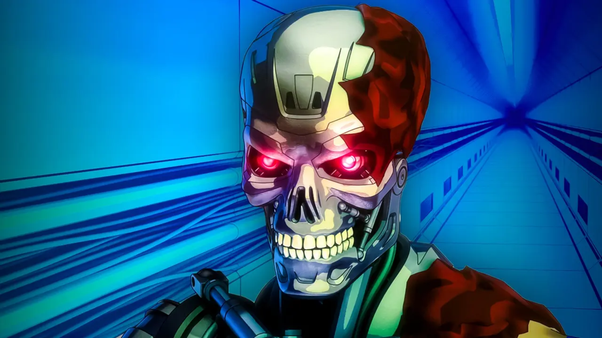 Terminator aux yeux rouges dans la série animée Terminator Zero sur Netflix