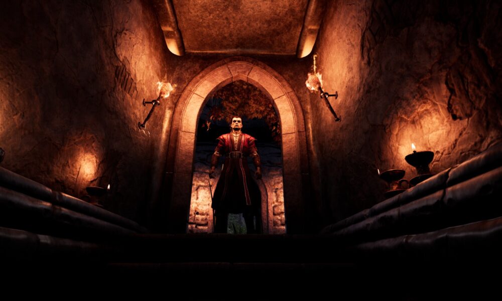 Vampire se tenant dans une crypte éclairée par des torches dans Vampires Bloodlord Rising