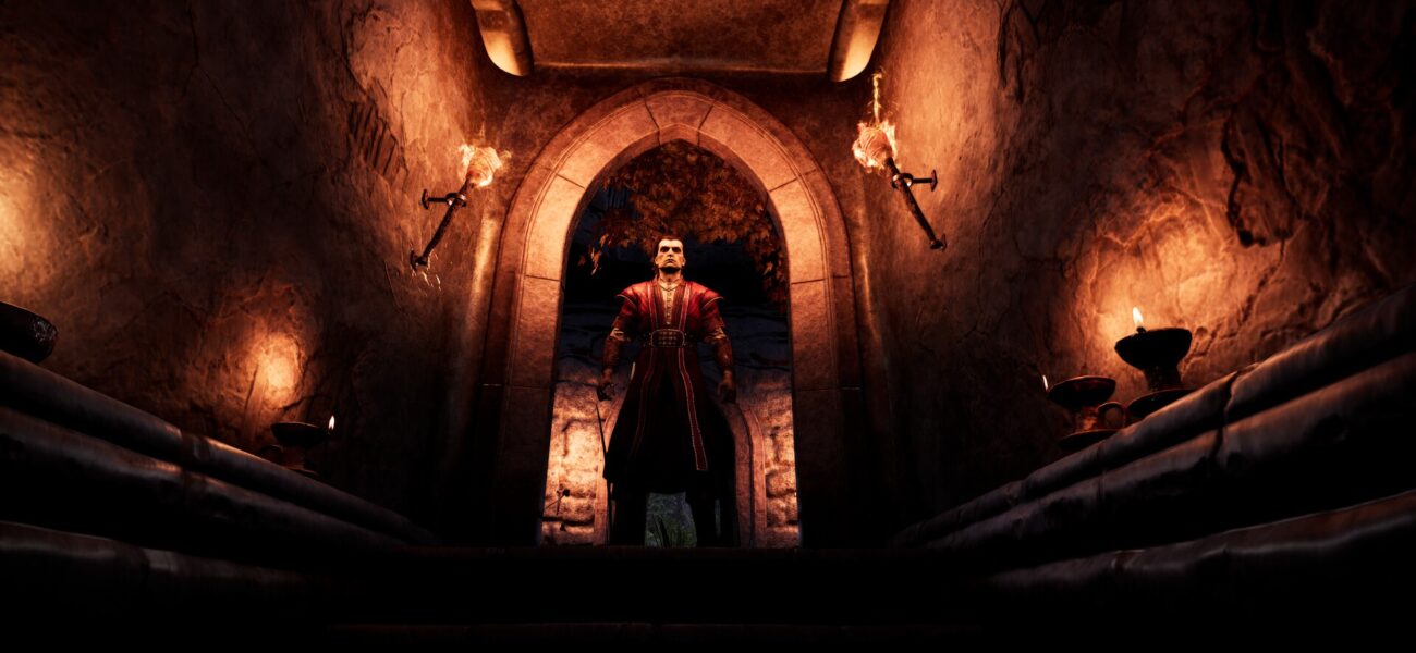 Vampire se tenant dans une crypte éclairée par des torches dans Vampires Bloodlord Rising