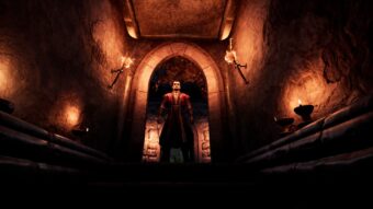 Vampire se tenant dans une crypte éclairée par des torches dans Vampires Bloodlord Rising