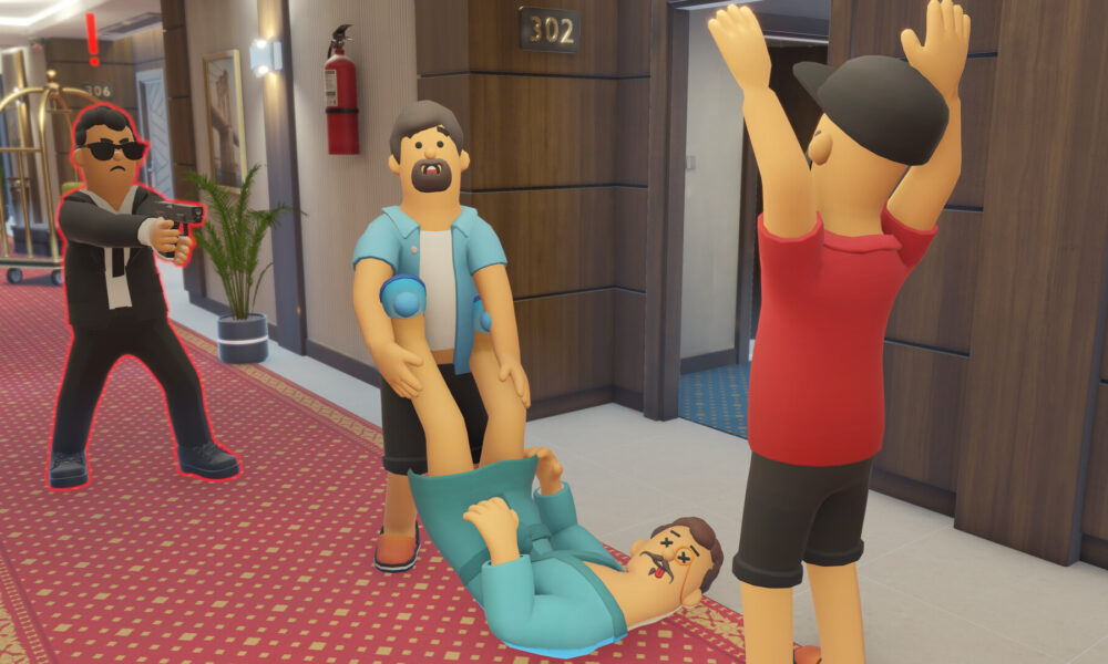 Scène absurde et coopérative dans le jeu indépendant We Are So Cooked avec des personnages cartoon