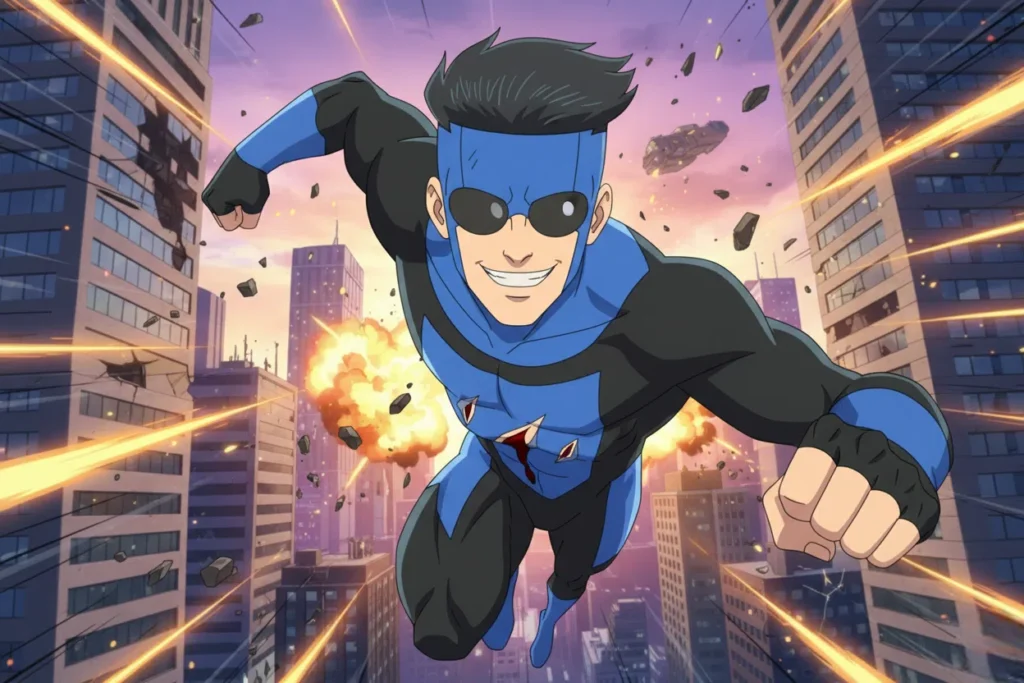 Mark Grayson, alias Invincible, en pleine action dans la saison 4, confronté à des combats toujours plus explosifs et destructeurs.