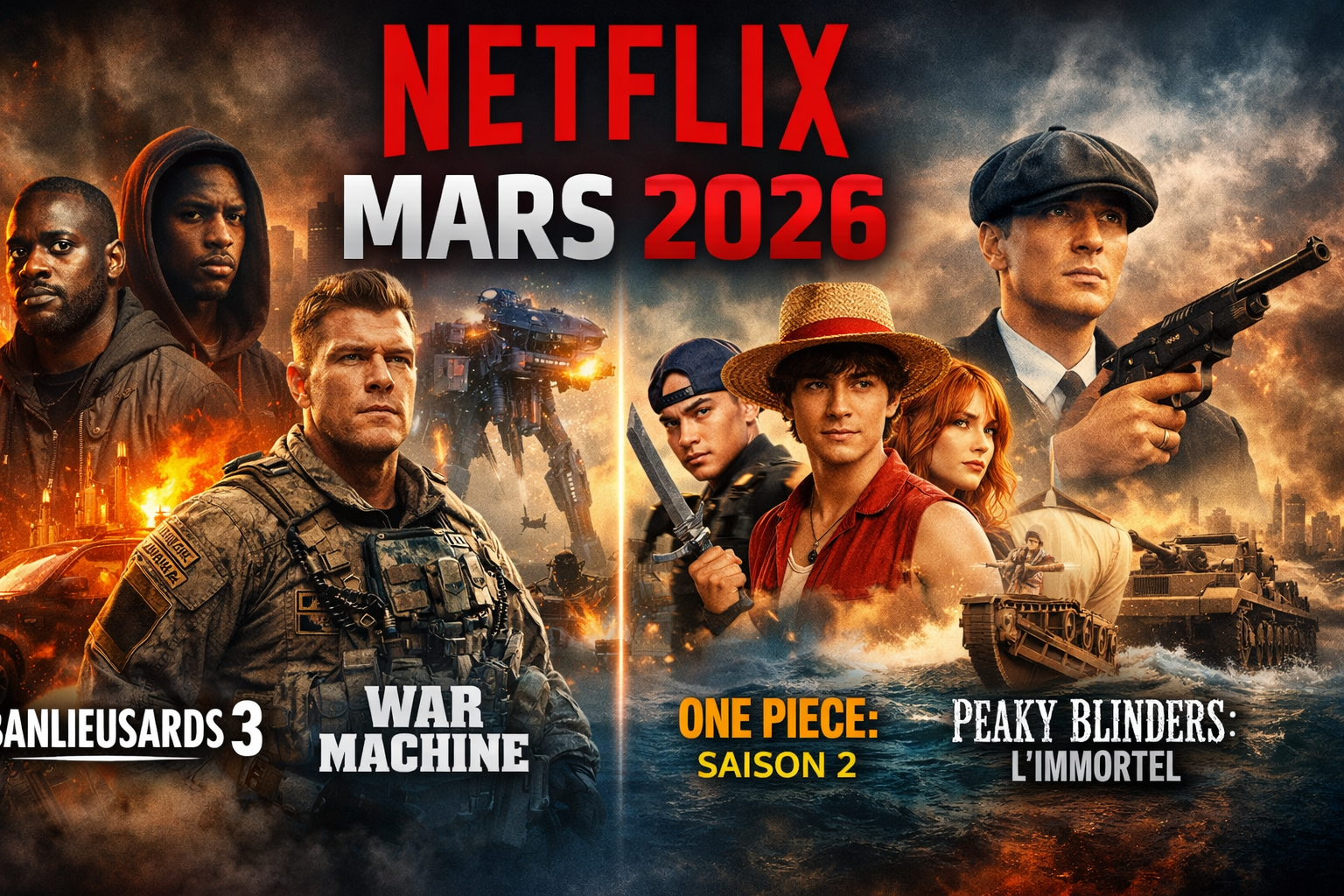 Nouveautés Netflix mars 2026 avec Peaky Blinders L’Immortel, One Piece saison 2, Banlieusards 3 et War Machine
