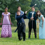 Scène extérieure avec plusieurs membres de la famille dans La Chronique des Bridgerton saison 4 sur Netflix
